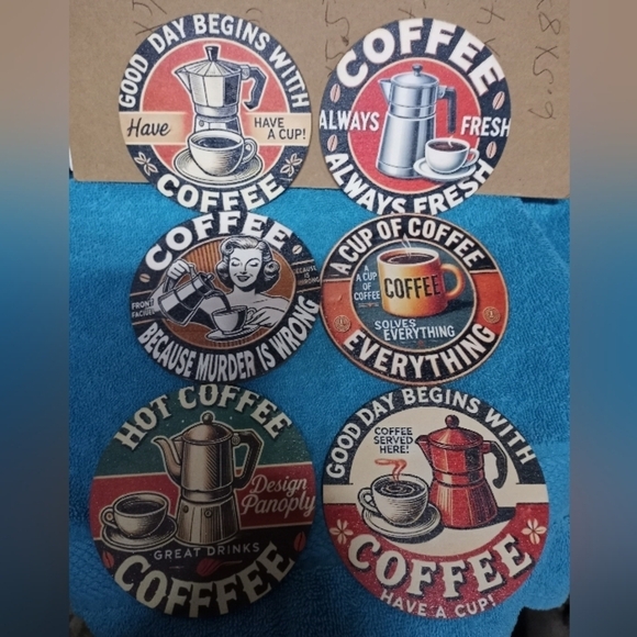 Coffee Coasters Set Of 6- Red, Green, Black - Picture 1 of 8